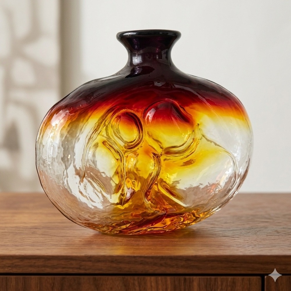Blenko FOG 2013 Mother & Child Vase Art Glass‎ Tangerine Etched